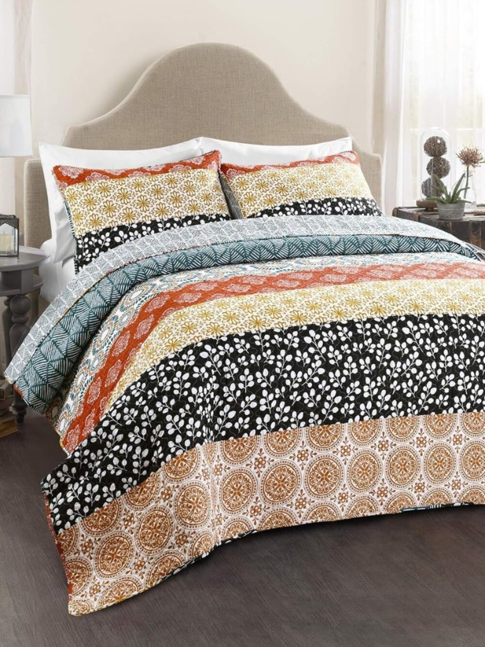 Bohemian Stripe Reversible Cotton Quilt Set, 3 Piece Set, Full/ Queen, Turquoise